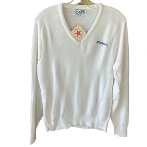 Ferranti Vintage New w Tag Men’s M Off White V Neck Sweater Blue Logo Embroidery